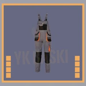 Gri ve siyah renk detaylarına sahip, çok cepli askılı işçi bahçıvan tulumu.