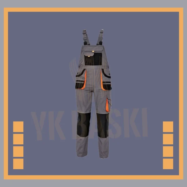 Gri ve siyah renk detaylarına sahip, çok cepli askılı işçi bahçıvan tulumu.