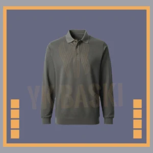 Gri renkte, polo yaka tasarımlı, uzun kollu ve iş ortamlarına uygun dayanıklı sweatshirt modeli.