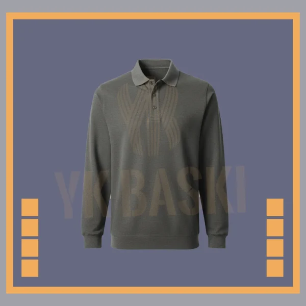 Gri renkte, polo yaka tasarımlı, uzun kollu ve iş ortamlarına uygun dayanıklı sweatshirt modeli.
