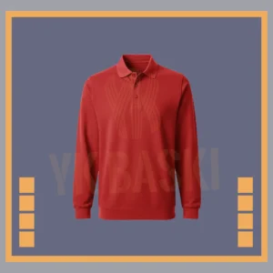 Kırmızı renkte, polo yaka tasarımlı, uzun kollu ve iş kullanımına uygun dayanıklı sweatshirt modeli.