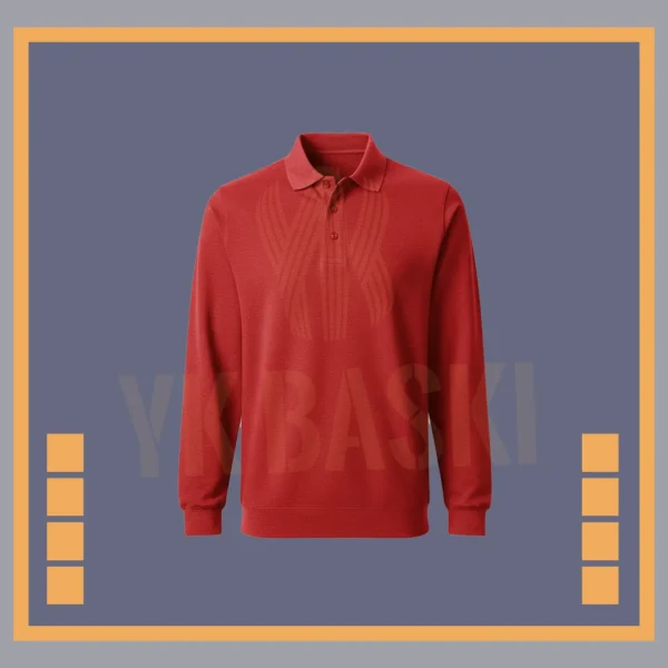 Kırmızı renkte, polo yaka tasarımlı, uzun kollu ve iş kullanımına uygun dayanıklı sweatshirt modeli.