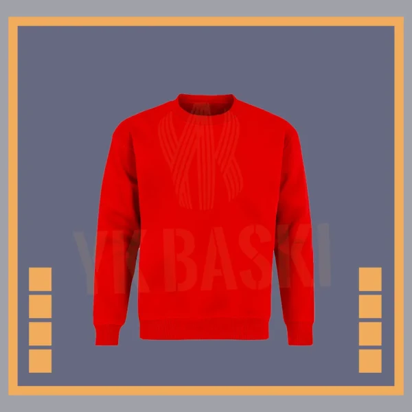 Kırmızı renkte, bisiklet yaka, uzun kollu ve dayanıklı kumaştan üretilmiş iş sweatshirt modeli.