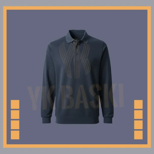 Lacivert renkte, polo yaka tasarımlı, uzun kollu ve iş ortamlarında kullanıma uygun dayanıklı sweatshirt modeli.