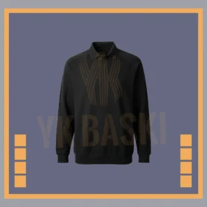 Siyah renkte, polo yaka tasarıma sahip, uzun kollu ve iş ortamlarında kullanım için üretilmiş dayanıklı sweatshirt modeli.