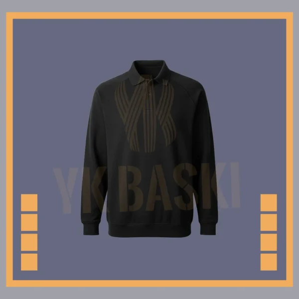 Siyah renkte, polo yaka tasarıma sahip, uzun kollu ve iş ortamlarında kullanım için üretilmiş dayanıklı sweatshirt modeli.
